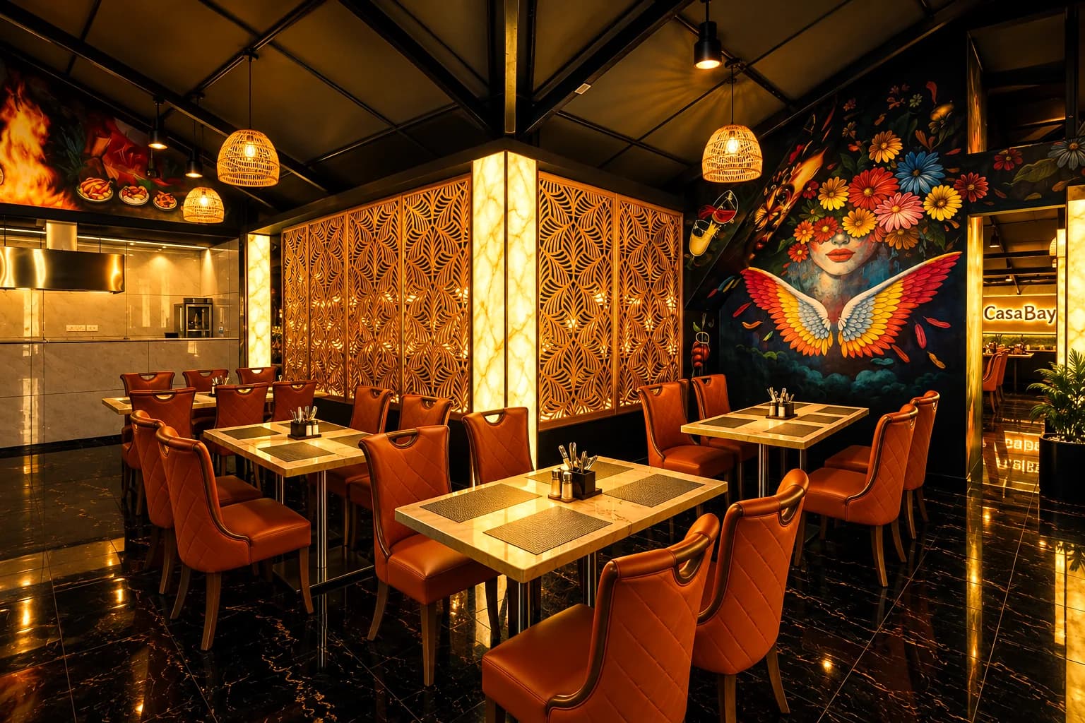 CasaBay dining floor with lattice screens and mural wall