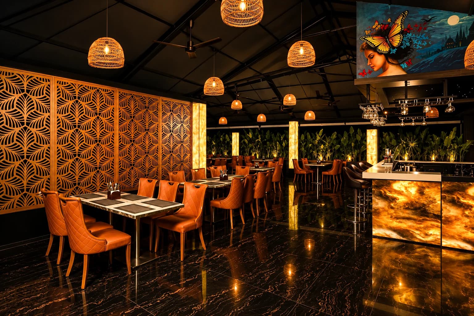 Long view of CasaBay with lattice screens and pendant lamps