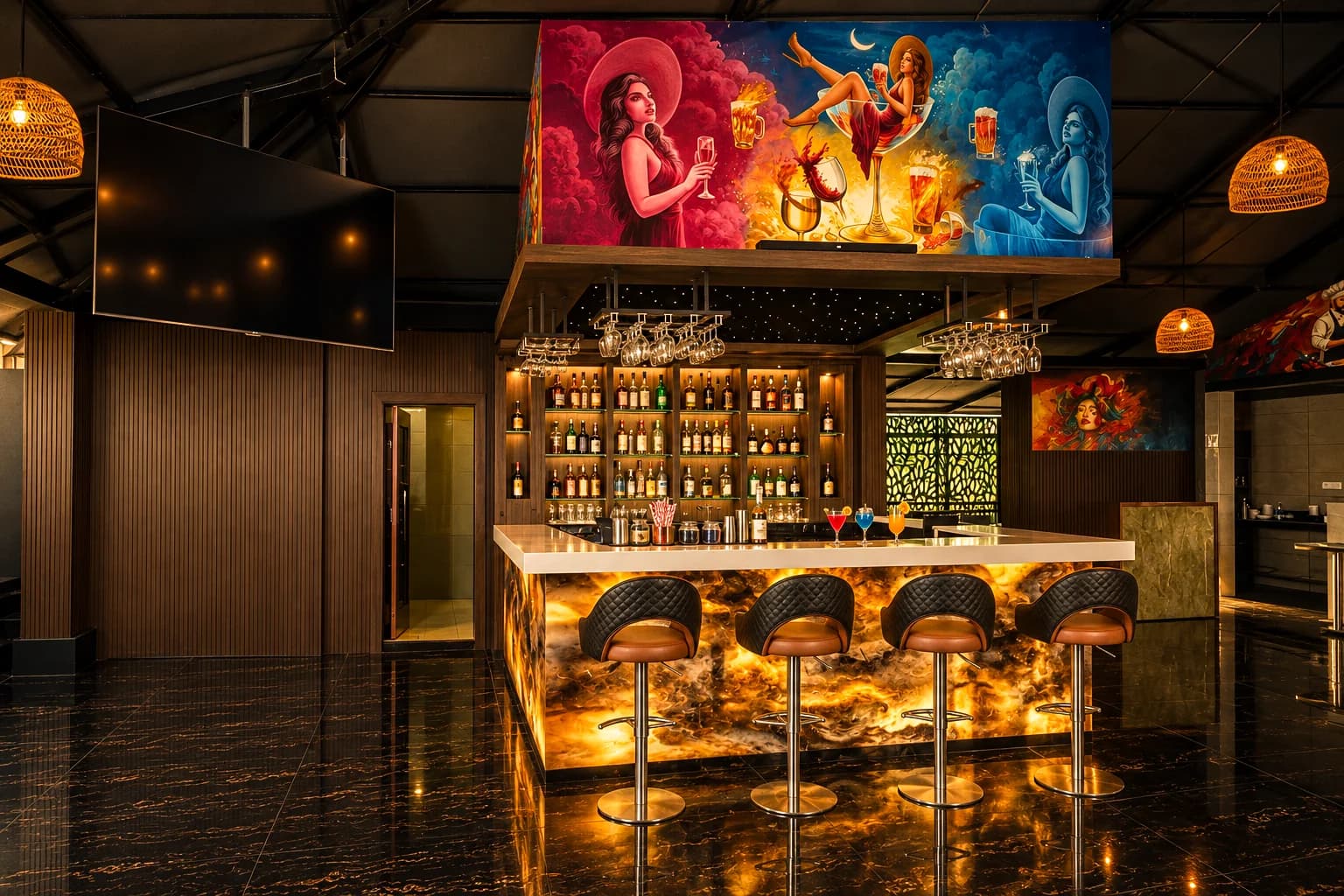 CasaBay bar counter beneath the painted mural gallery