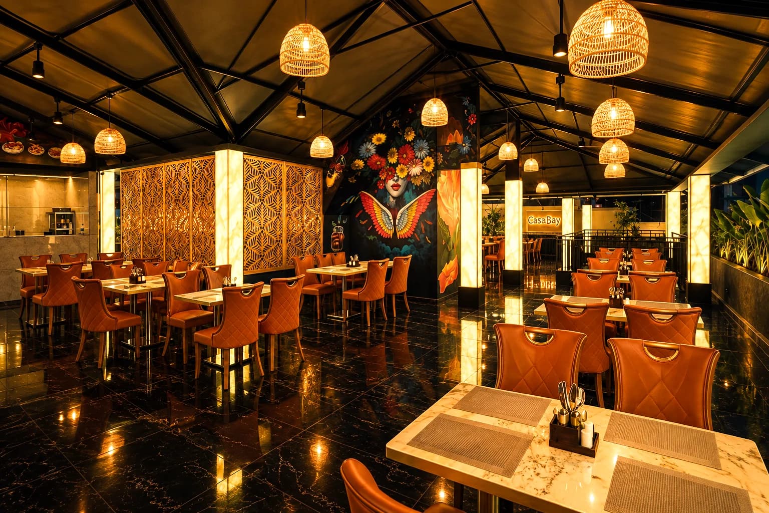 Covered dining floor at CasaBay at night