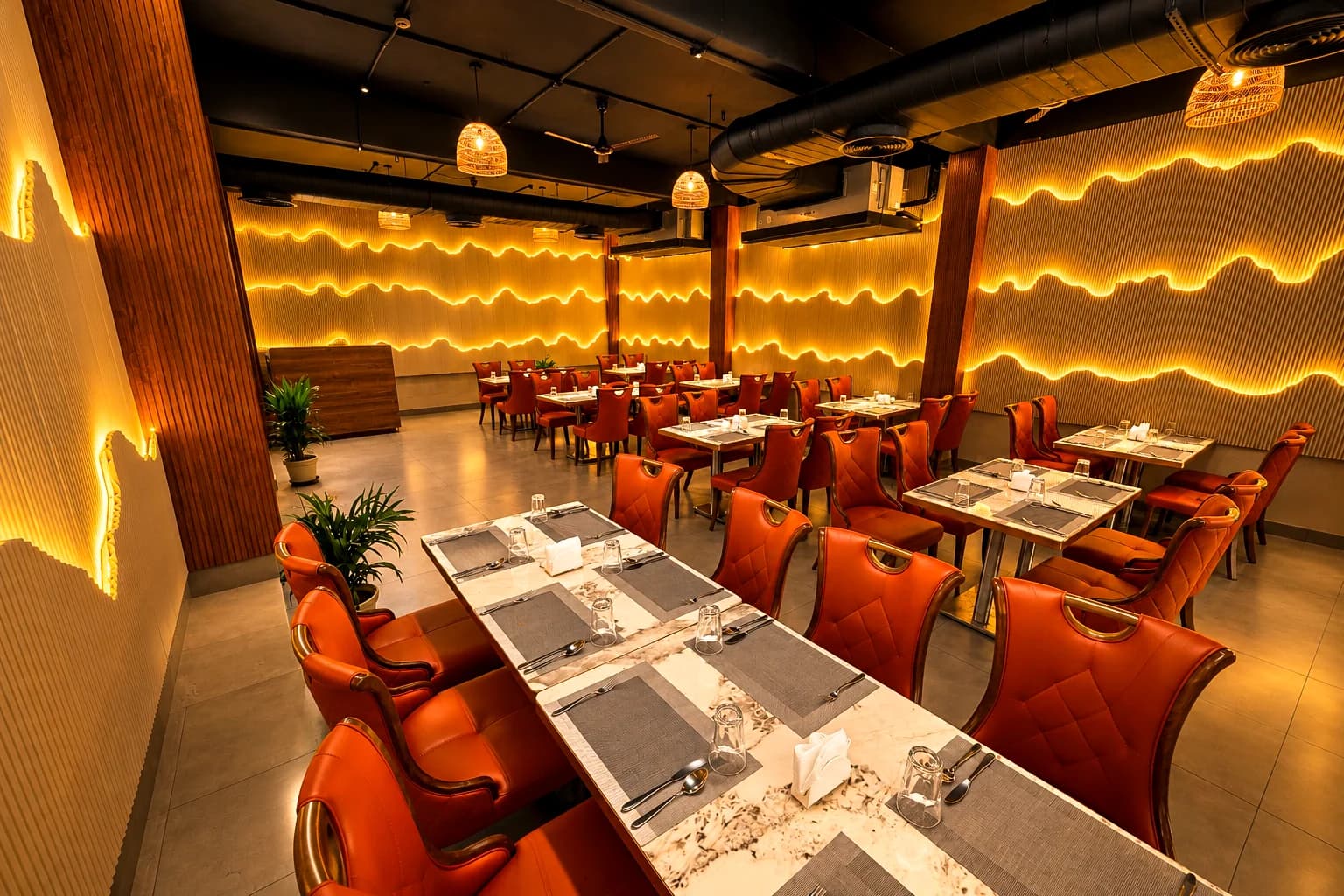 Long tables laid for a group at Fish Town