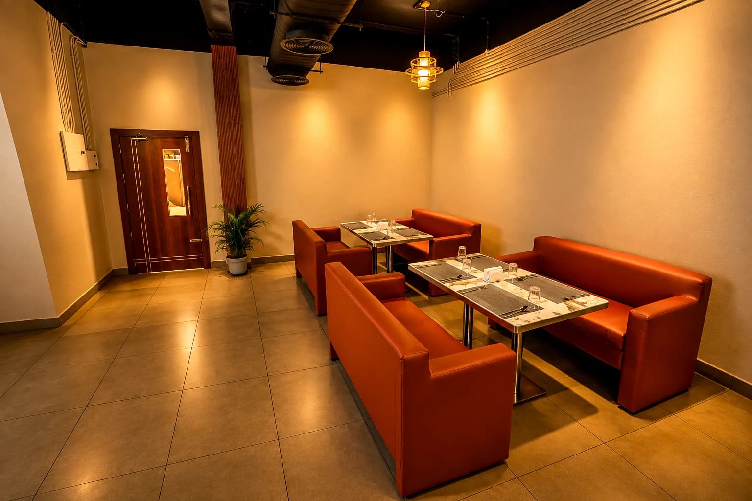 Booth seating in a quiet corner of Fish Town