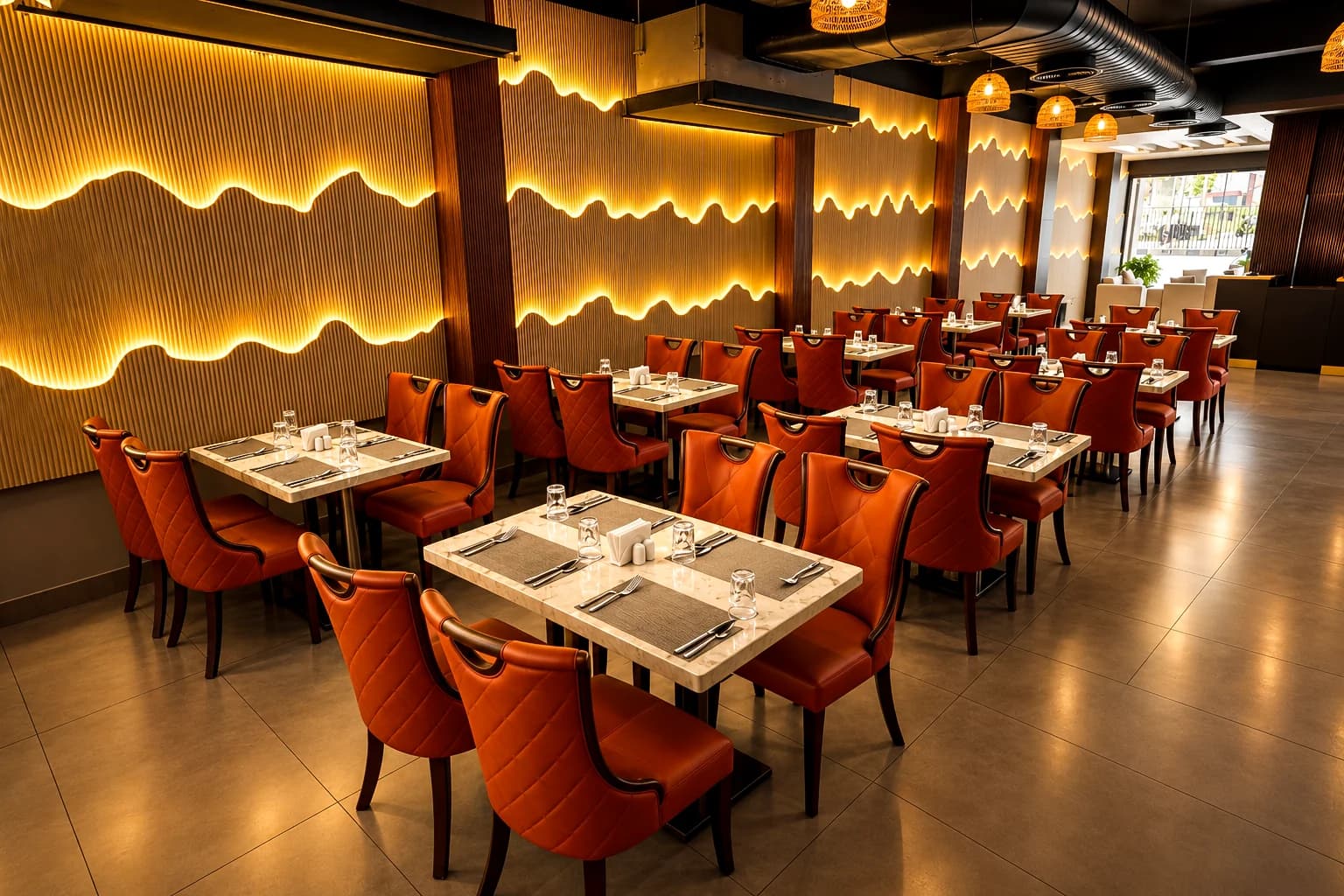 Fish Town main dining room with illuminated wave walls