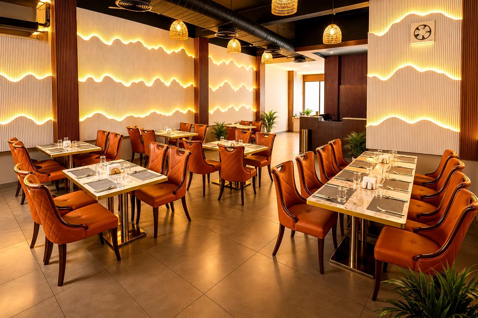 Illuminated wave wall along Fish Town's dining floor