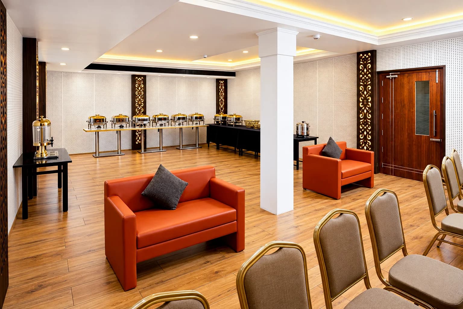 Lounge seating and buffet line inside Town Hall